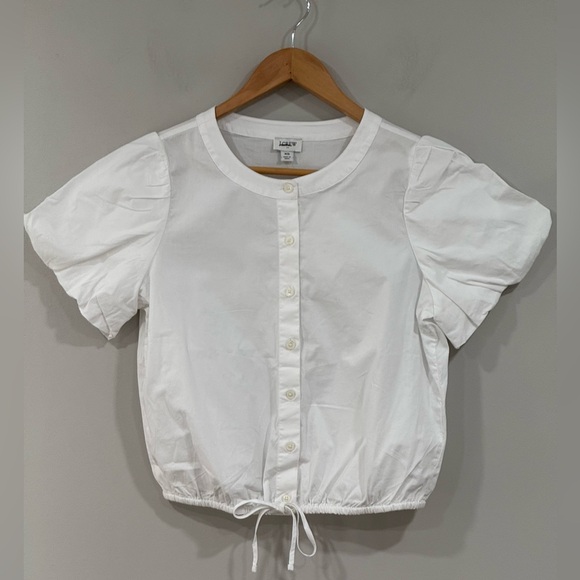 J. Crew White Short Puff Sleeve Button Down Tie Waist Top XS NWT - Picture 2 of 7